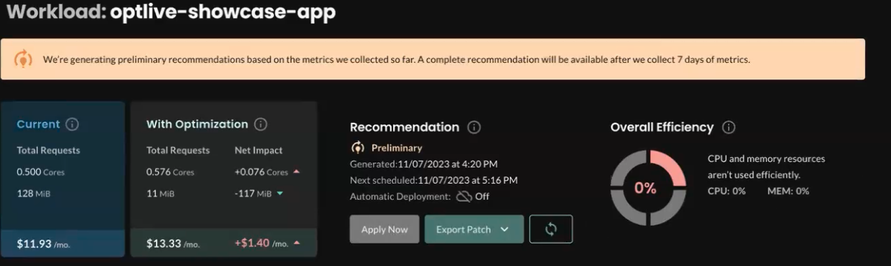 Optimize Live web application shows current and optimized request values