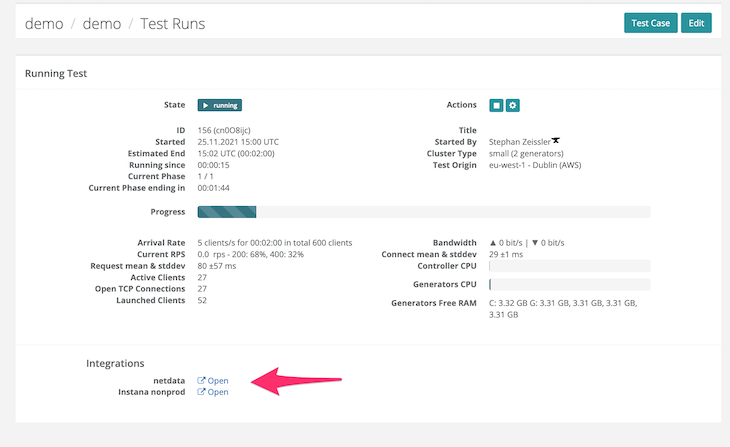 The test run cockpit when running a test run showing links to your own monitoring tools